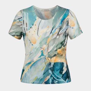 Camiseta mujer en punto fino manga corta estampado abstracto colores suaves