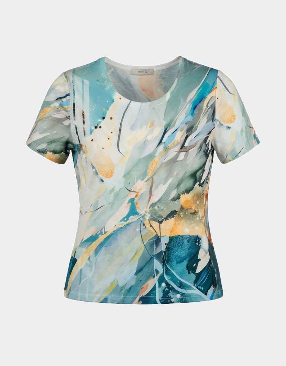Camiseta mujer en punto fino manga corta estampado abstracto colores suaves - Imagen 2
