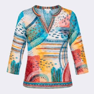 Camiseta manga 3/4 mujer con escote acabado en pico estampado colorines