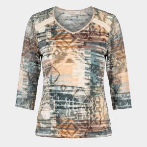 Camiseta manga 3/4 de  mujer  punto cuello redondo manga en tejido red estampado abstracto varios tonos