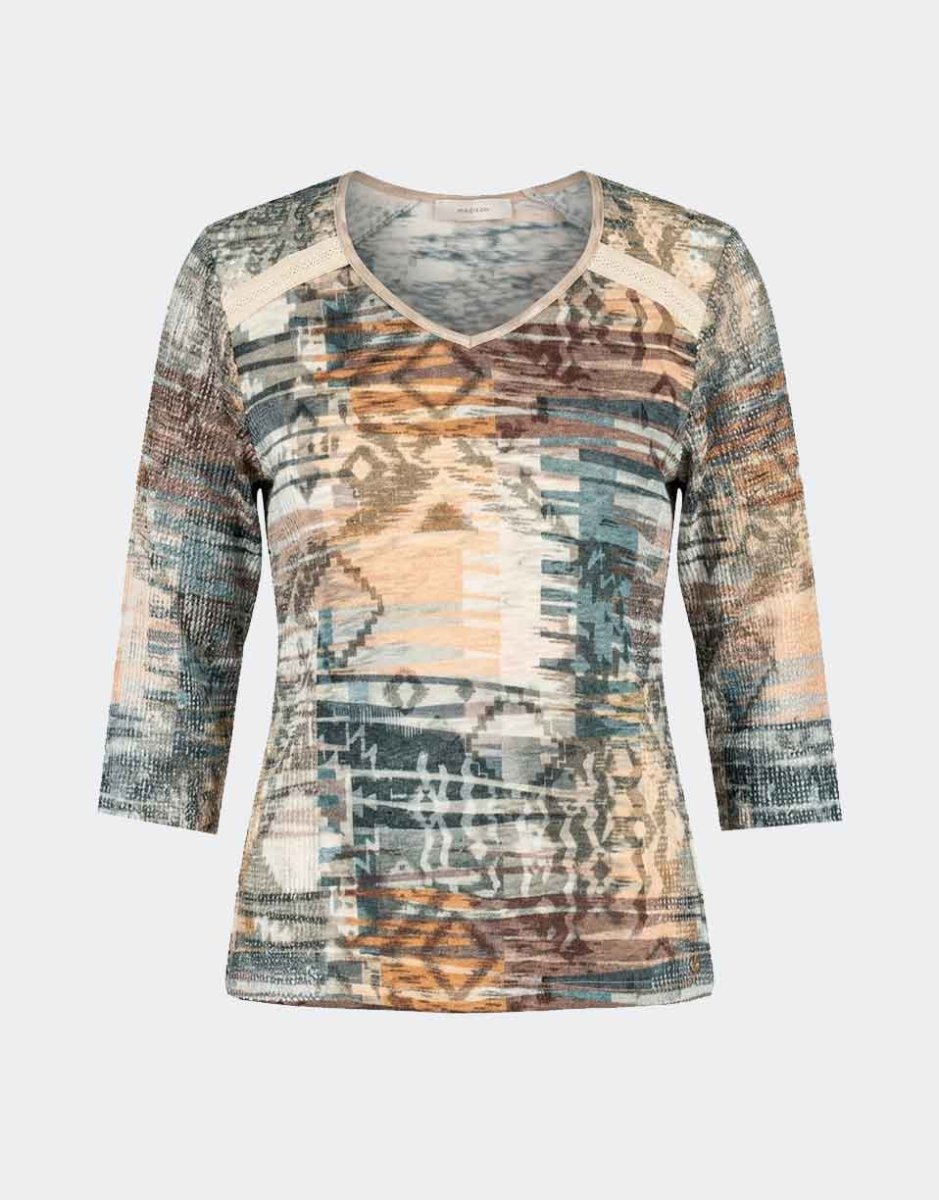Camiseta manga 3/4 de mujer punto cuello redondo manga en tejido red estampado abstracto varios tonos - Imagen 2