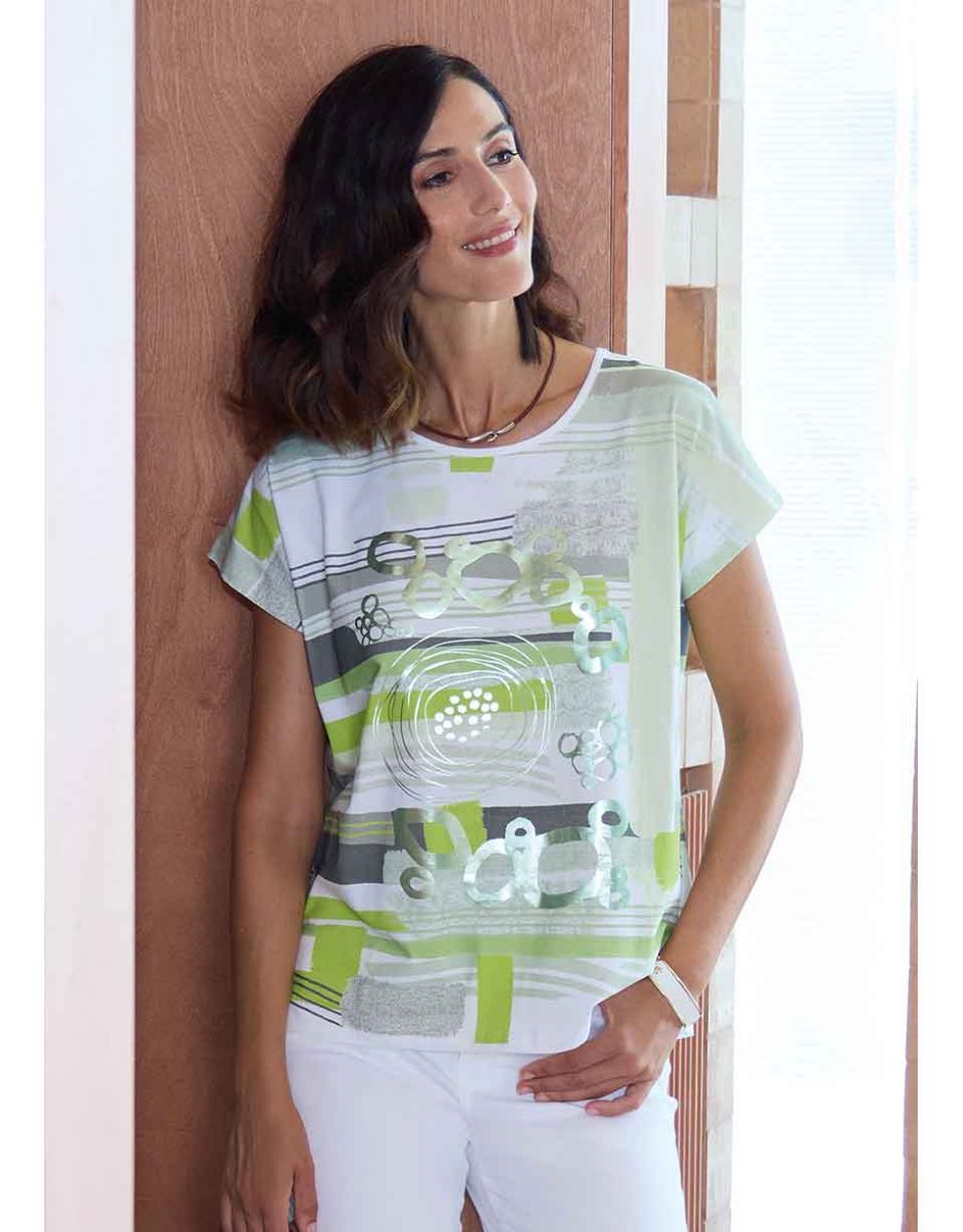 Camiseta mujer punto manga caída estampado en verde y dibujo abstracto metalizado - Imagen 2