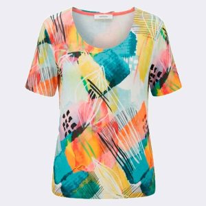 Camiseta de mujer punto manga corta estampado abstracto de colores vivos