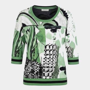 Jersey de mujer manga 3/4 punto fino tricot cuello redondo estampado abstracto en verde, blanco y negro