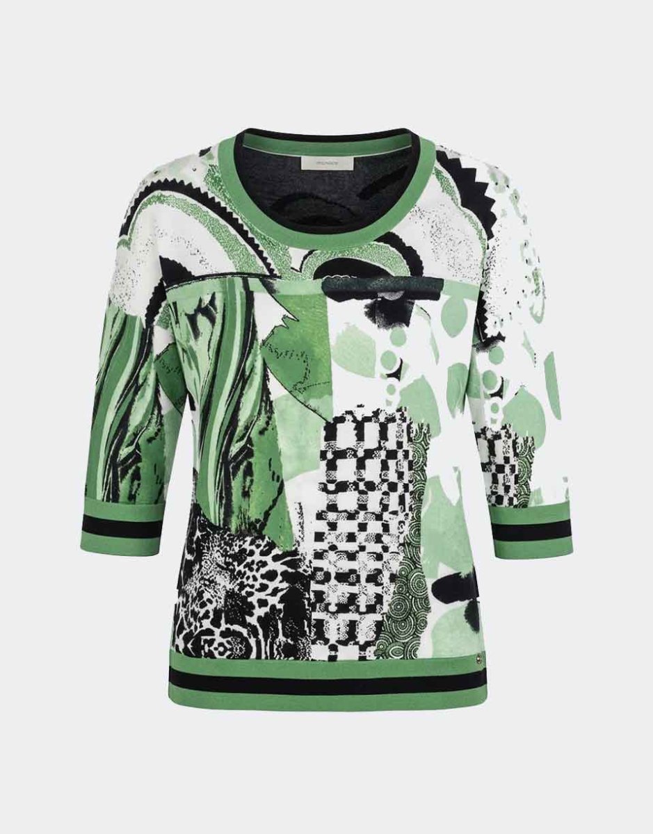 Jersey de mujer manga 3/4 punto fino tricot cuello redondo estampado abstracto en verde, blanco y negro