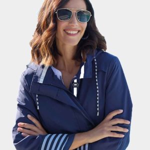 Parka mujer PRIMAVERA con capucha extraible en azul marino con detalles en blanco