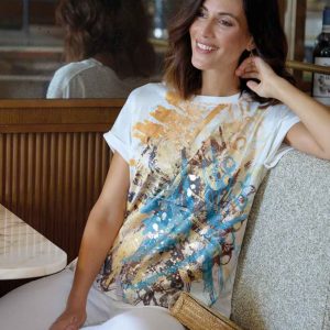 Camiseta manga caída mujer tela delantero y punto detrás estampado abstracto con metalizado
