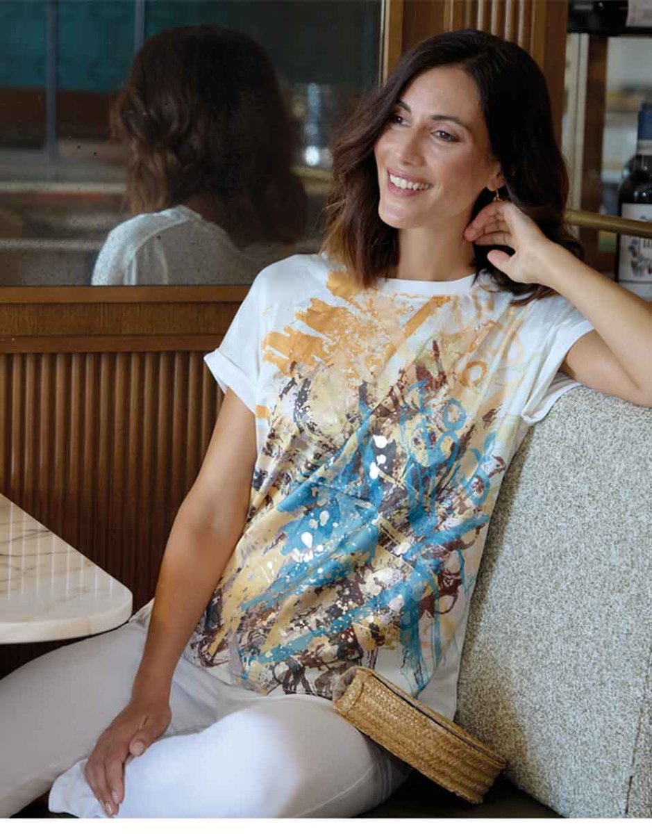Camiseta manga caída mujer tela delantero y punto detrás estampado abstracto con metalizado - Imagen 2