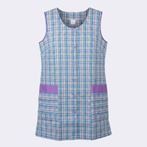 Bata mujer CORTA sin mangas cuadros  verde, rosa, lila amarillo con bies y botones lila