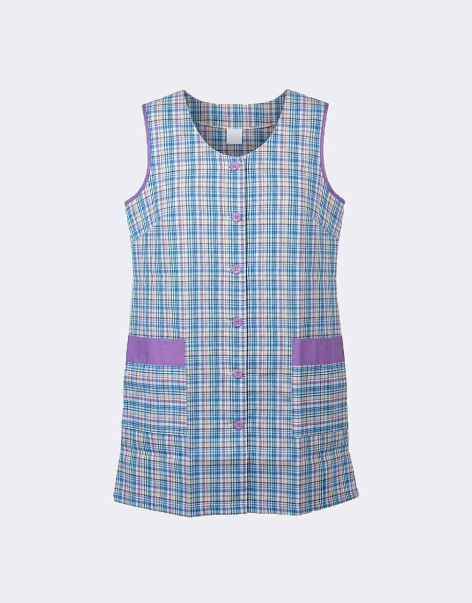 Bata mujer CORTA sin mangas cuadros verde, rosa, lila amarillo con bies y botones lila