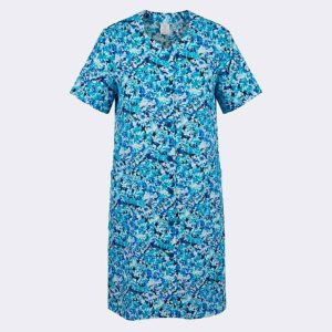 Bata manga corta de mujer tejido bambula estampado floral en azules