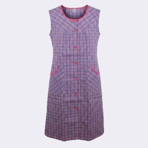 Bata sin mangas de mujer con canesú cuadros  azules, rosa, amarillo con botones y ribete rosa