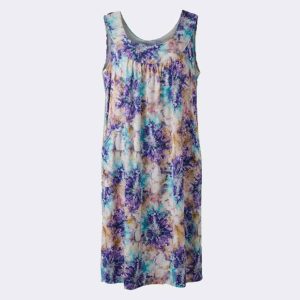 Bata vestido mujer SIN MANGAS de punto con bolsillos estampado abstracto destellos en lila, azules y ocres