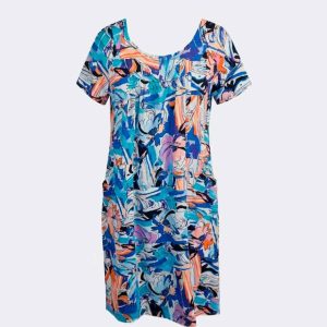Bata vestido MANGA CORTA mujer en punto con bolsillos estampado flores abstractas bigarrado