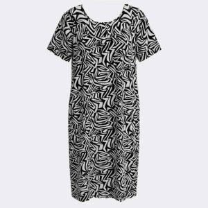 Bata vestido de mujer MANGA CORTA punto con bolsillos estampado blanco y azul marino