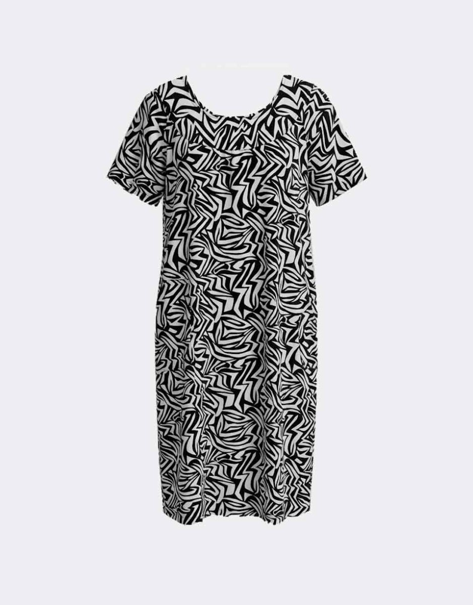 Bata vestido de mujer MANGA CORTA punto con bolsillos estampado blanco y azul marino - Imagen 2