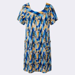 Bata vestido mujer en punto MANGA CORTA con bolsillos estampado geométrico azul marrón