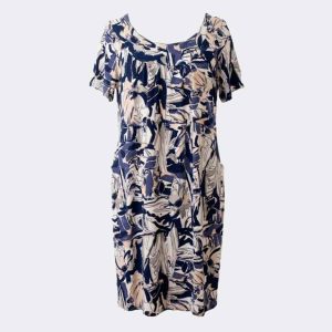 Bata vestido mujer en punto MANGA CORTA con bolsillos estampado flores abstractas en azul marino, beig y gris