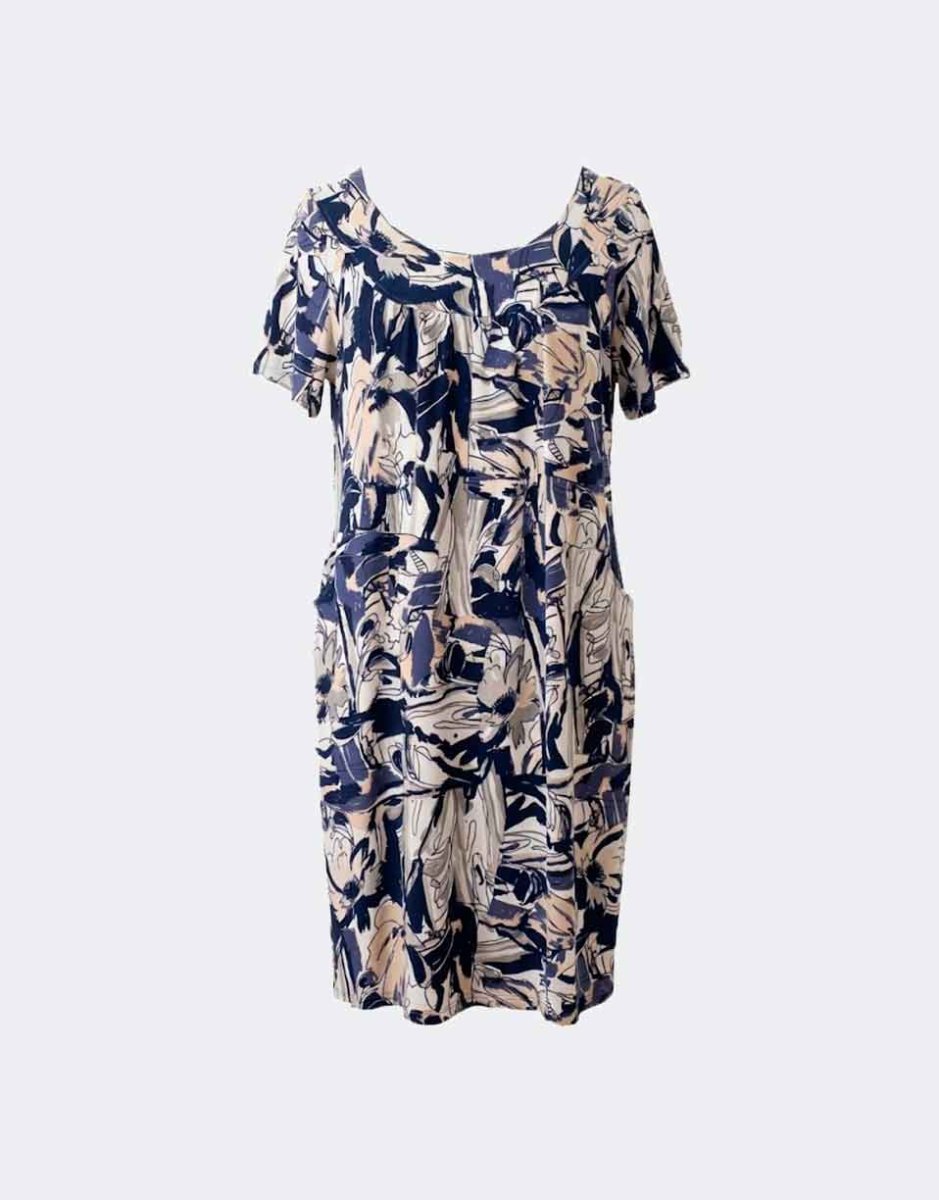 Bata vestido mujer en punto MANGA CORTA con bolsillos estampado flores abstractas en azul marino, beig y gris - Imagen 2