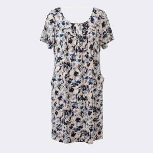 Bata vestido mujer punto de MANGA CORTA con bolsillos estampado abstracto en negro, beig, blanco y azul