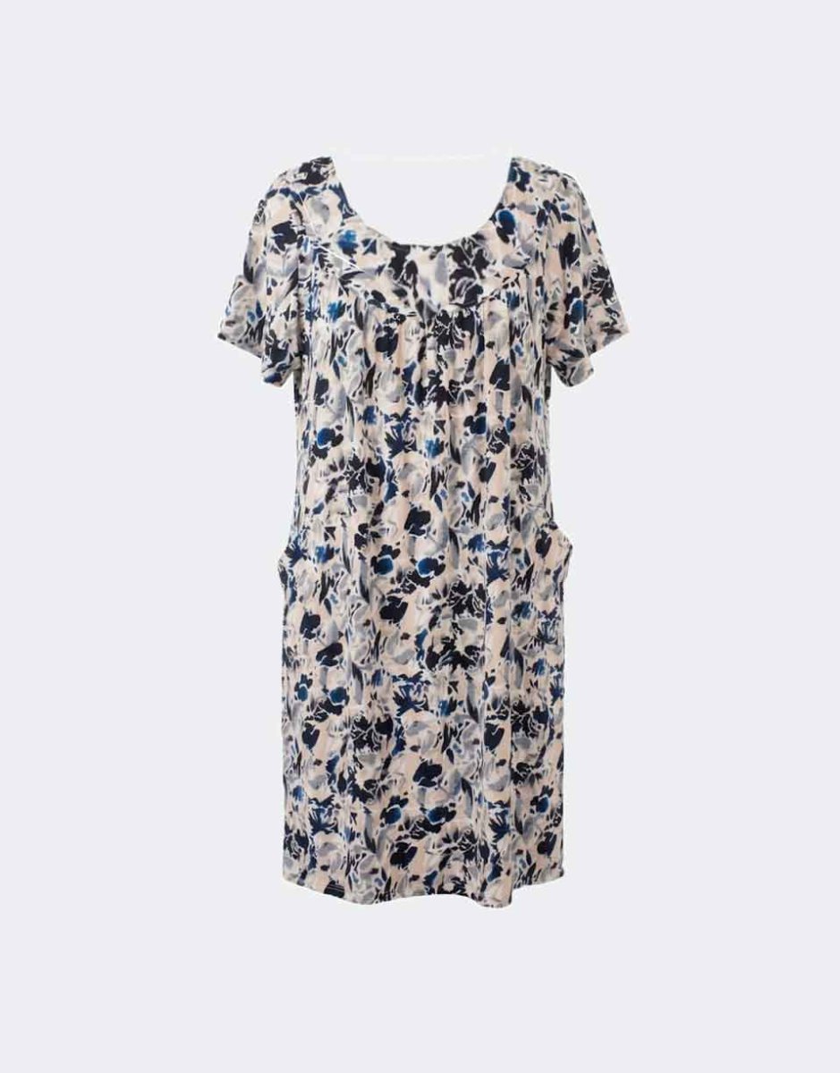 Bata vestido mujer punto de MANGA CORTA con bolsillos estampado abstracto en negro, beig, blanco y azul - Imagen 2