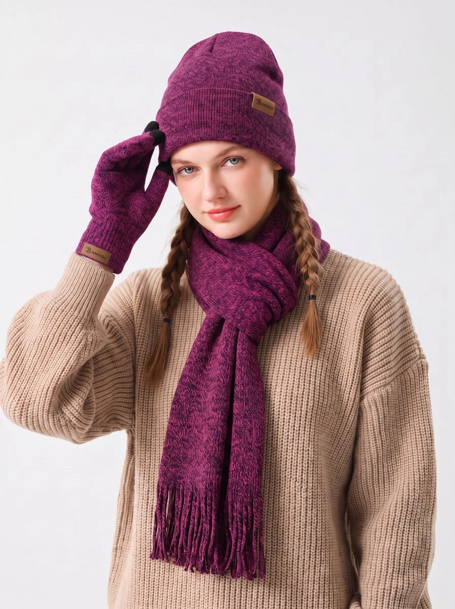 Women Soft Knitted Hat Scarf Glove Set - Imagen 7