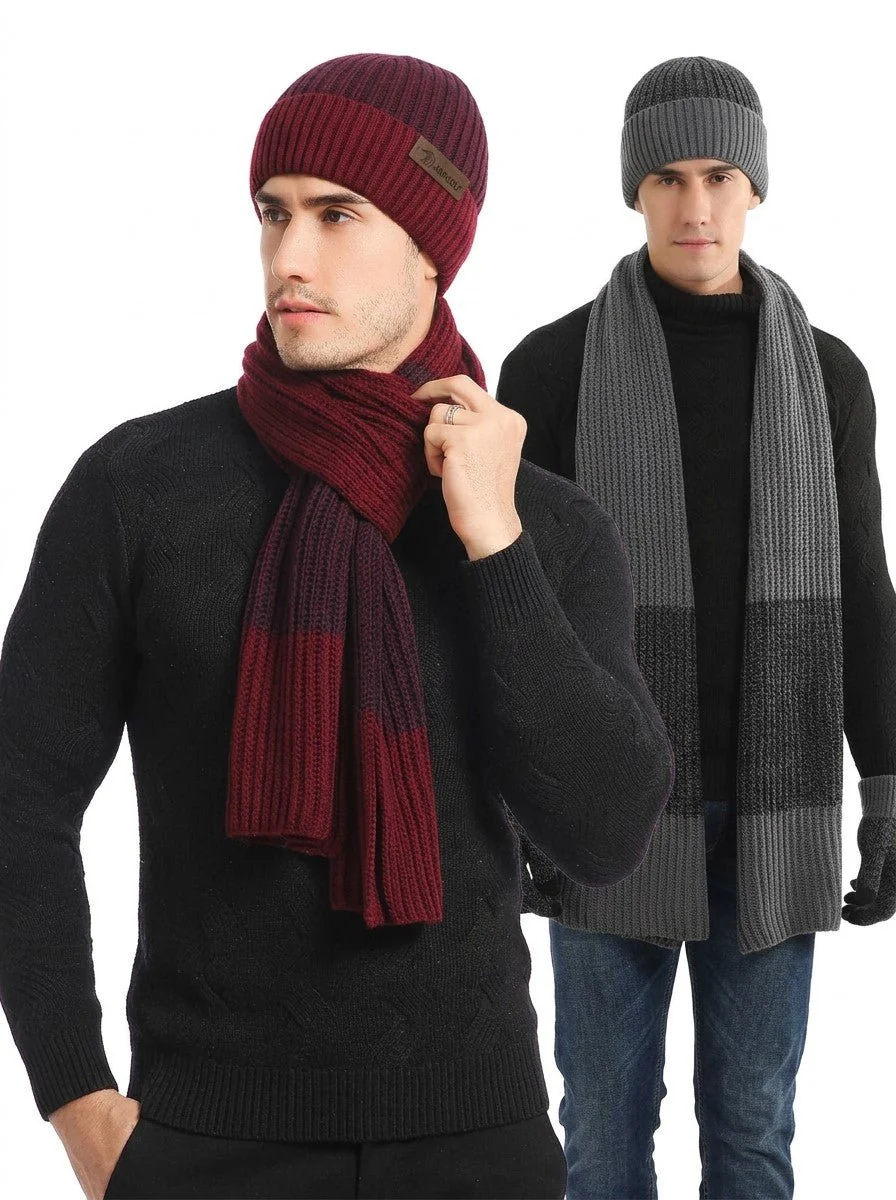 Men Color Block Rib Knit Hat Scarf Gloves Set - Imagen 3