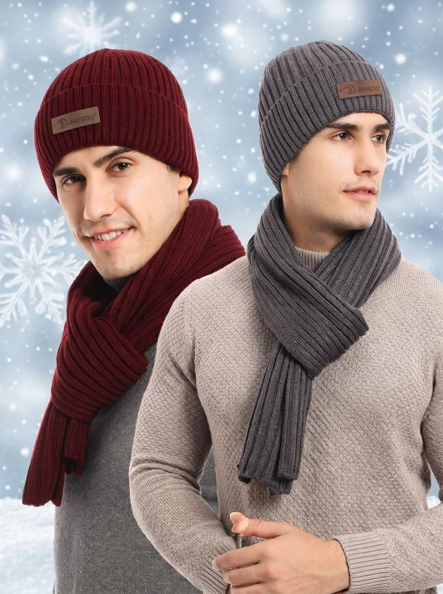Men’s Knitted Hat Scarf Gloves Set - Imagen 2