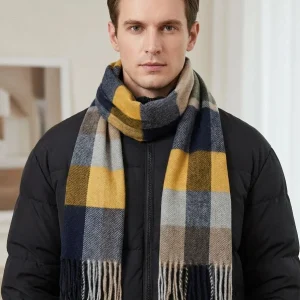 Men Plaid Tassel Check Pattern Neck Scarf