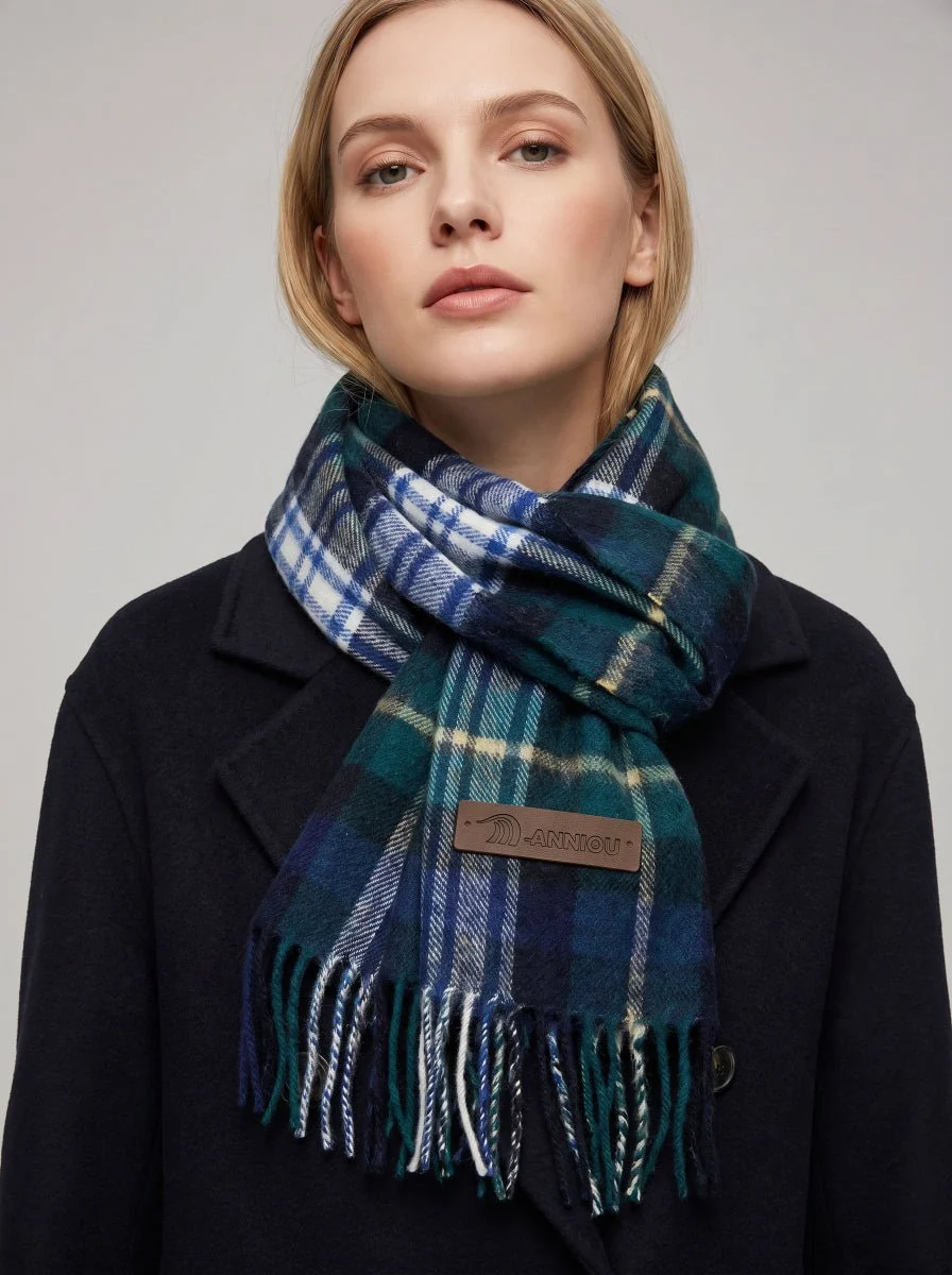 Women Pure Wool Tassel Checkered Scarf - Imagen 8