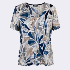 Camiseta mujer punto escote con ondas estampado abstracto en blanco, beig, gris y azul