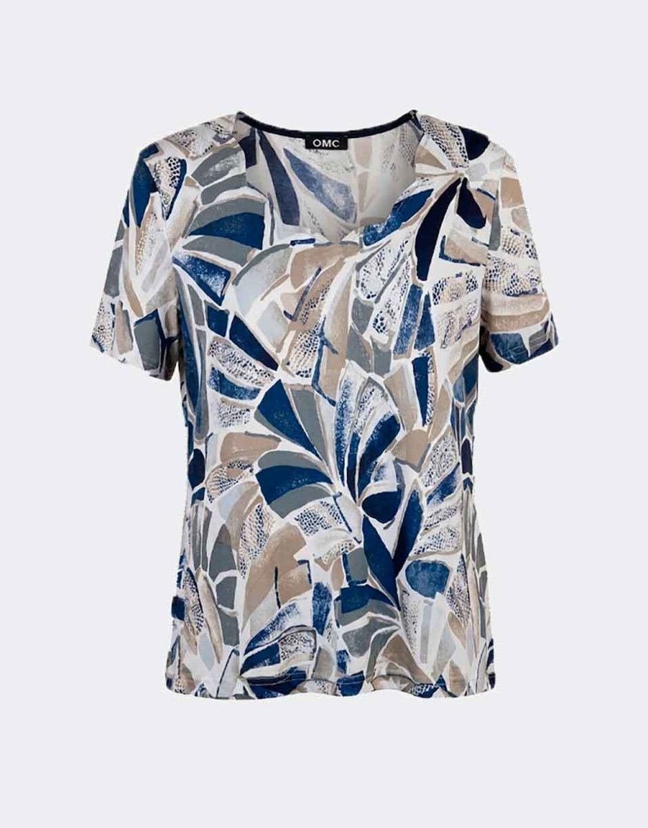 Camiseta mujer punto escote con ondas estampado abstracto en blanco, beig, gris y azul - Imagen 2