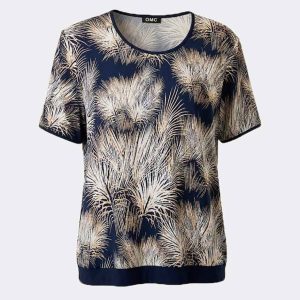 Camiseta punto cuello redondo mujer estampado ‘hojas palmeras’