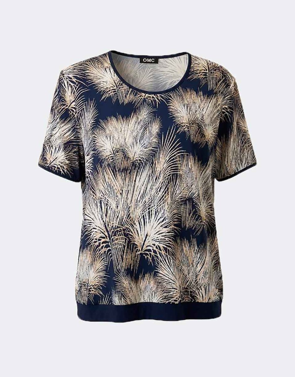 Camiseta punto cuello redondo mujer estampado ‘hojas palmeras’