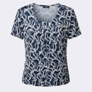 Camiseta mujer punto cuello redondo con pliegues en el centro del escote estampado bicolor ondulado