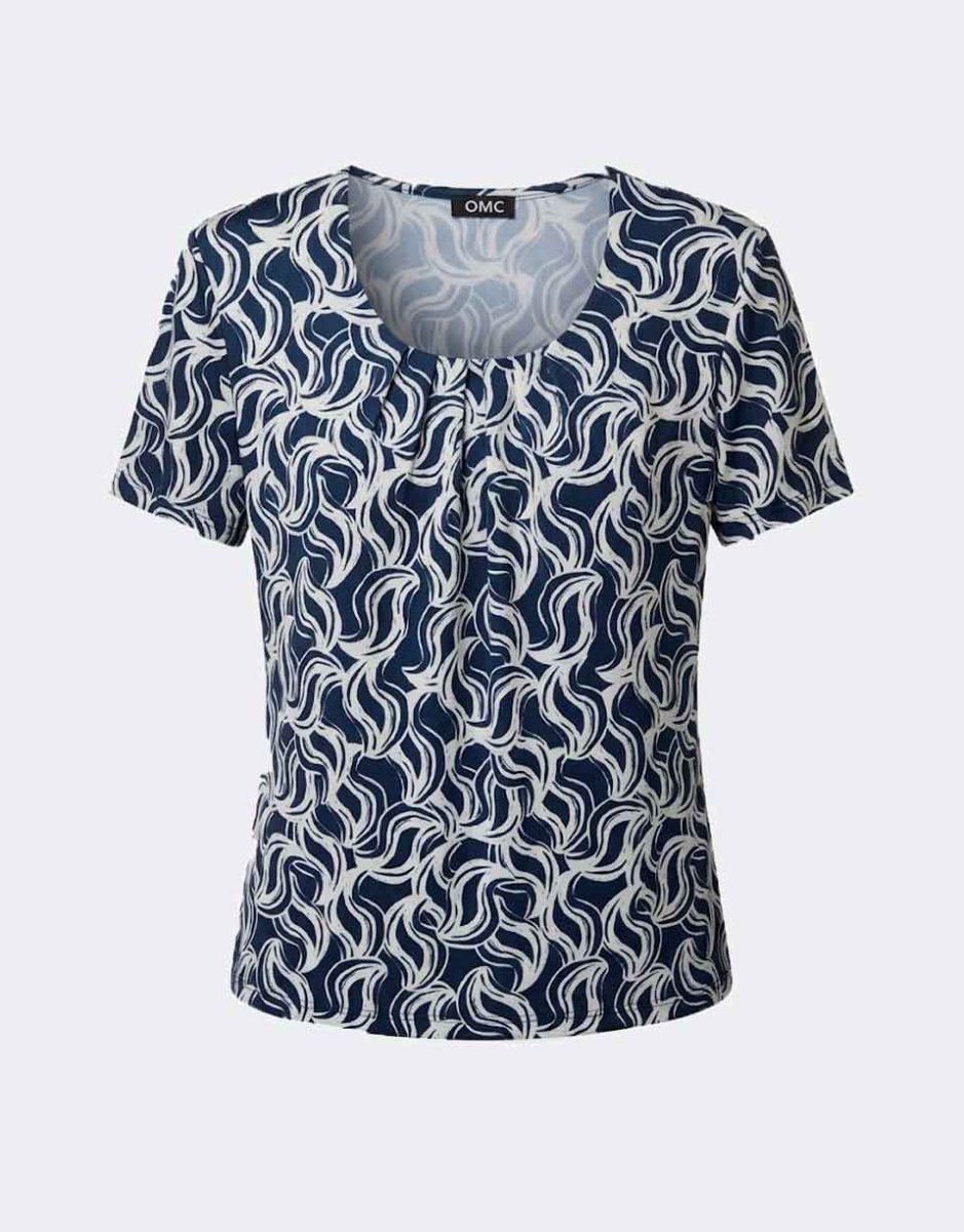 Camiseta mujer punto cuello redondo con pliegues en el centro del escote estampado bicolor ondulado - Imagen 2