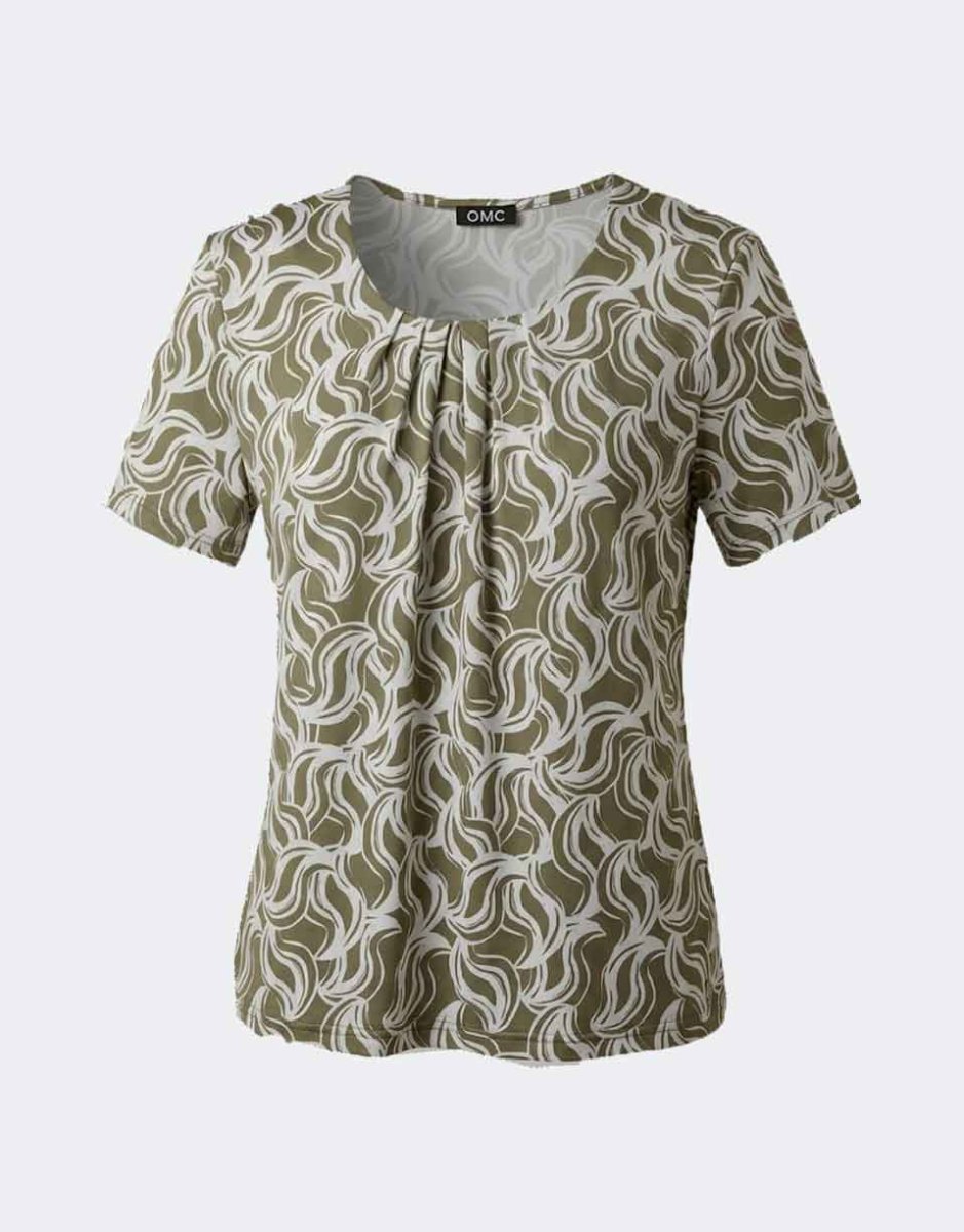Camiseta mujer punto cuello redondo con pliegues en el centro del escote estampado bicolor ondulado - Imagen 3