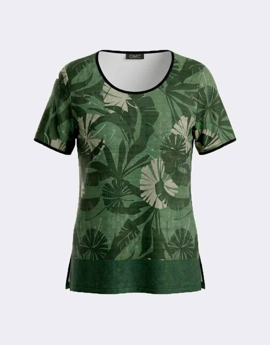 Camiseta punto cuello redondo de mujer estampado hojas