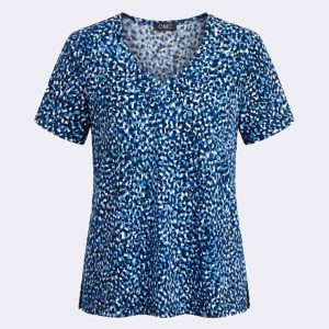 Camiseta mujer punto escote en pico estampado pequeño en negro azul y crudo