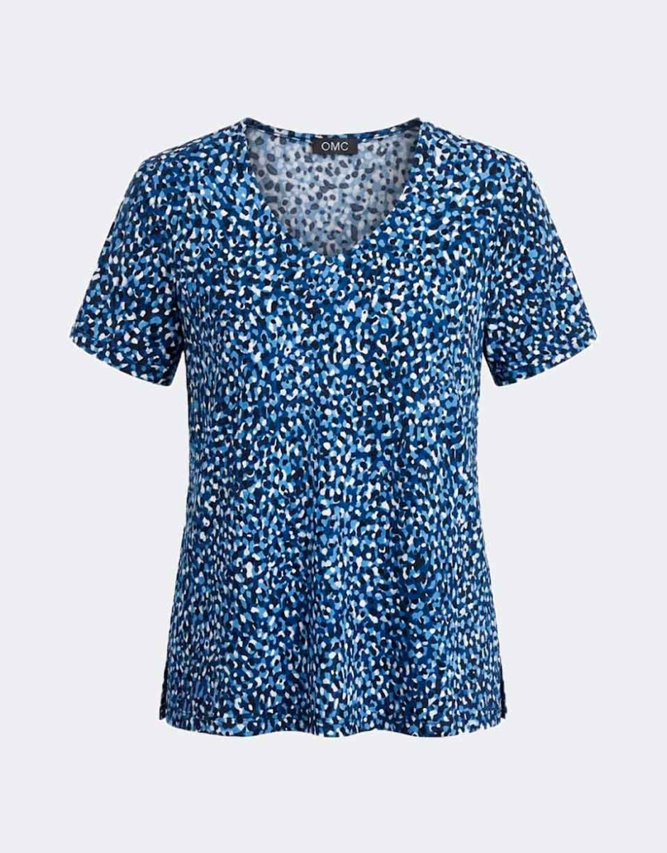 Camiseta mujer punto escote en pico estampado pequeño en negro azul y crudo - Imagen 2