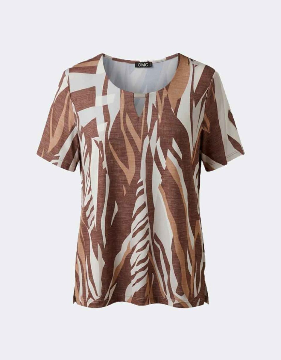 Camiseta de mujer punto cuello redondo con detalle en el escote estampado en tonos tierra - Imagen 2