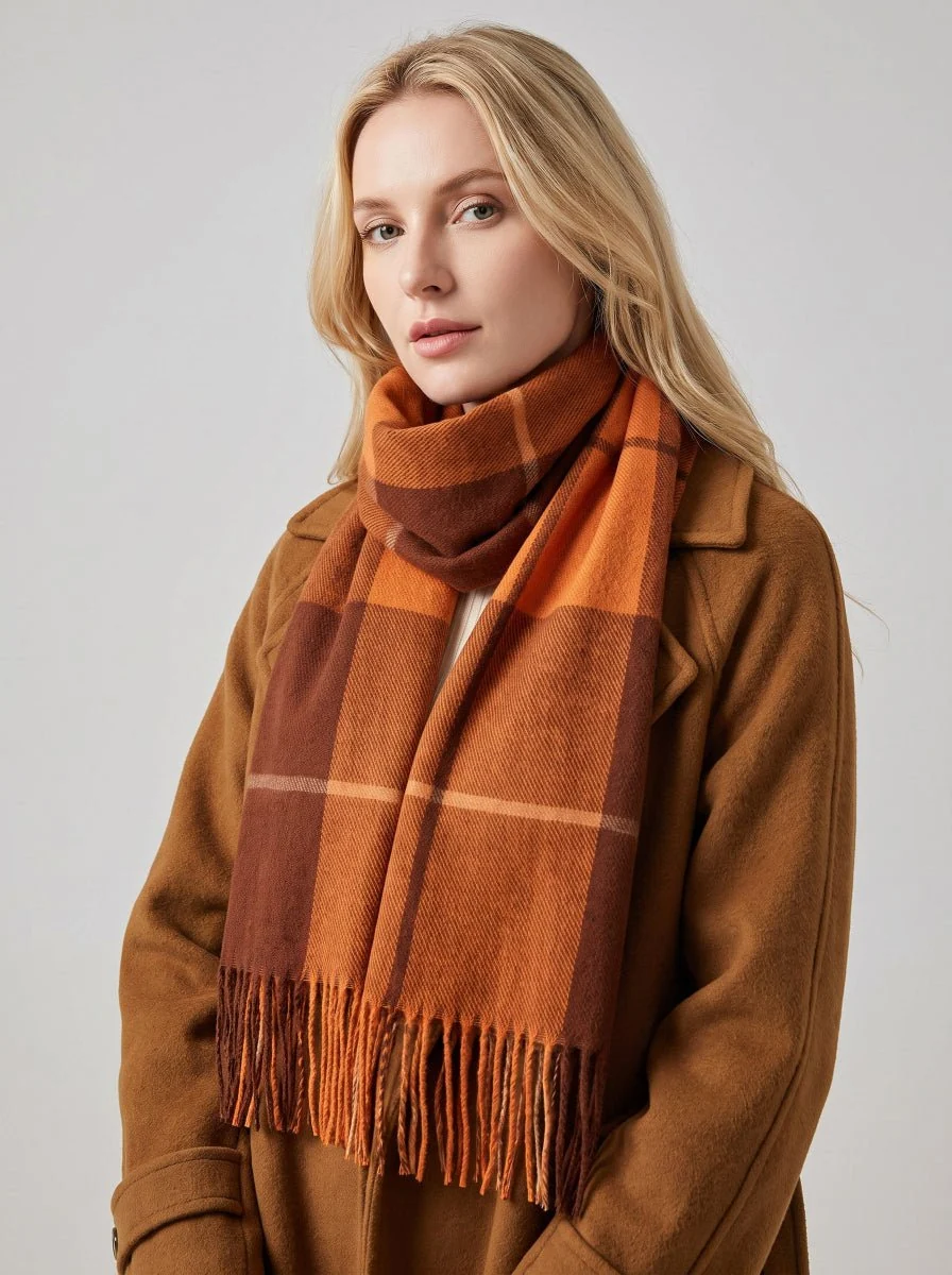 Women Checkered Tassel Scarf - Imagen 5