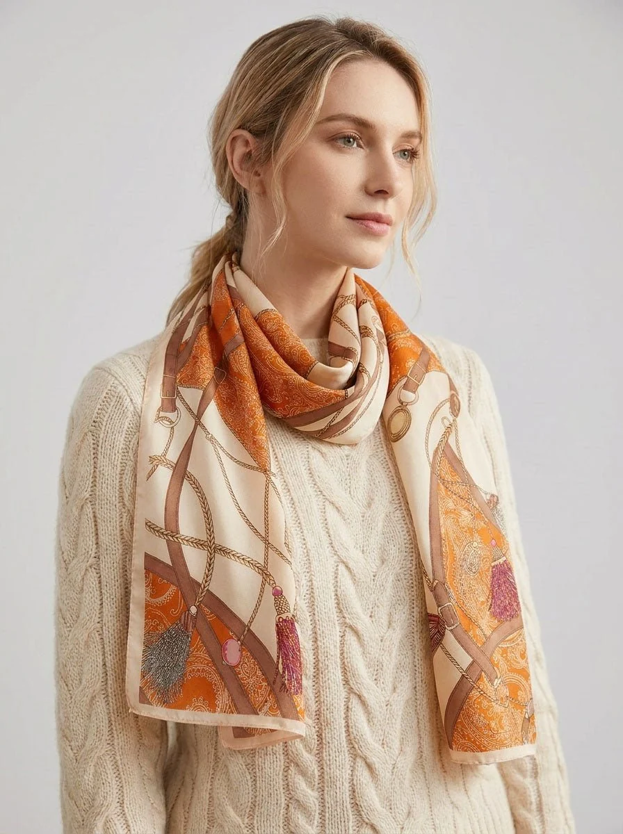 Women Silk Printed Satin Scarf - Imagen 4
