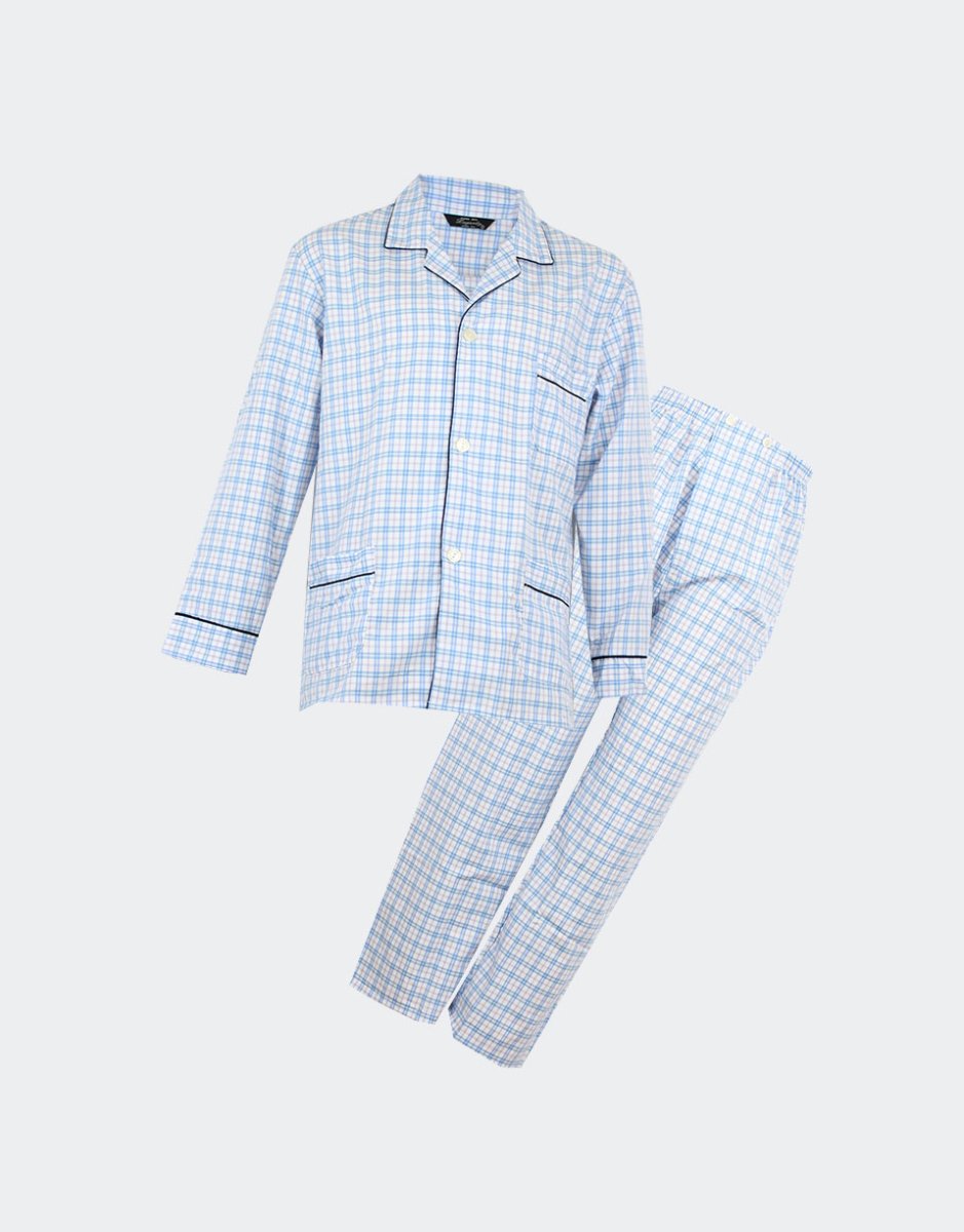 pijama tela hombre cuadros medianos azules con línea roja