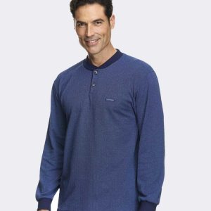 Pijama hombre punto felpa cuello redondo con tapeta, acabado canalé en puños y tobillos, semiliso