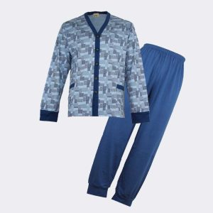 Pijama hombre punto fino LARGO, abierto delante,  estampado cuadros