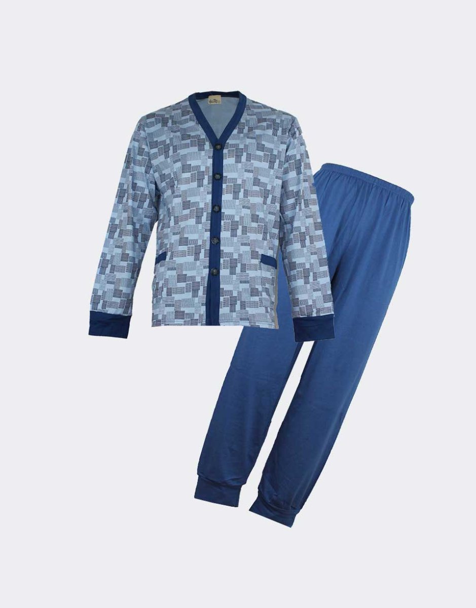 Pijama hombre punto fino LARGO, abierto delante, estampado cuadros - Imagen 2