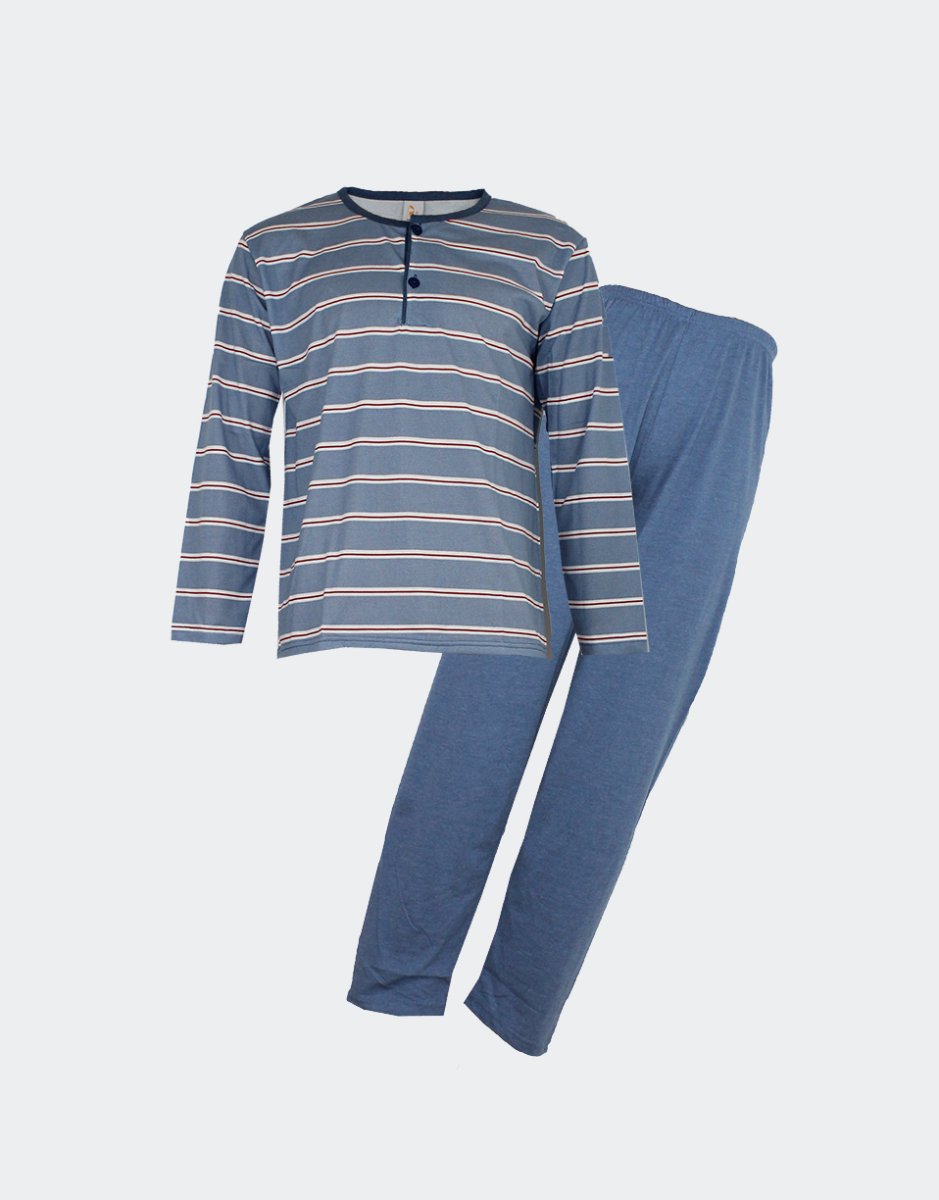 Pijama hombre punto fino LARGO con tapeta dos botones a rayas - Imagen 2