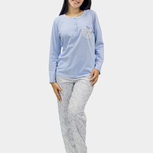 Pijama mujer punto fino manga larga con tapeta y bolsillo, detalle camiseta estampado como el pantalón