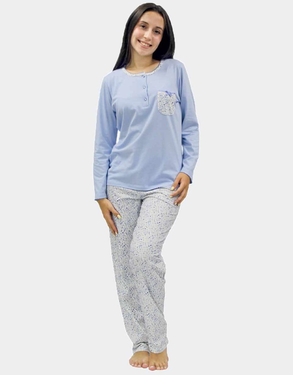 Pijama mujer punto fino manga larga con tapeta y bolsillo, detalle camiseta estampado como el pantalón